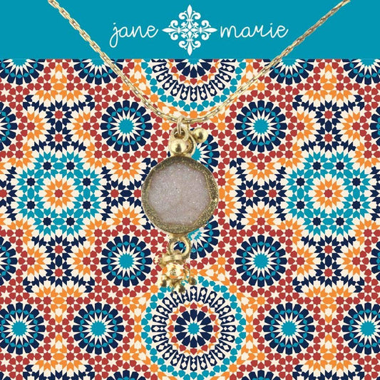 16" White Sun Stone Necklace with Gold Dangles, 3" Ext.