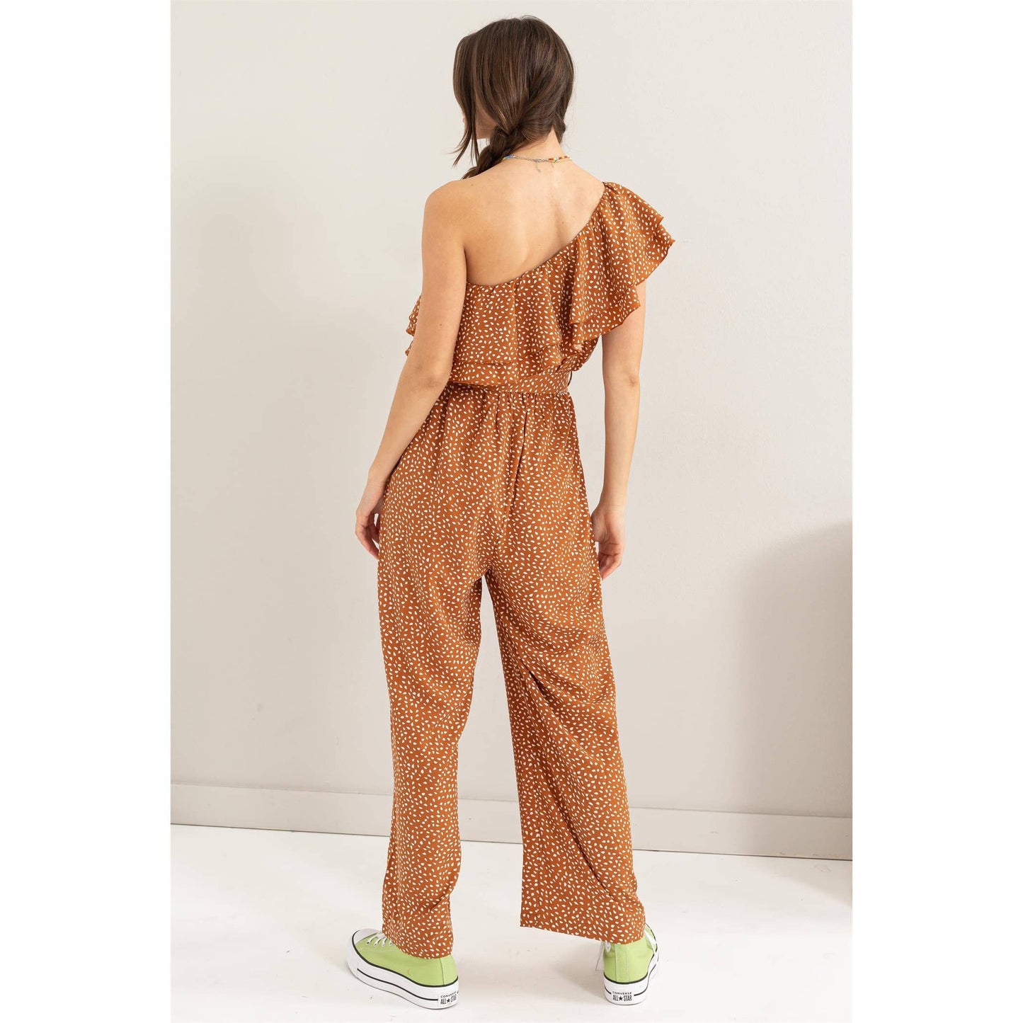 Dot Print Tie Belt One-shoulder Jumpsuit