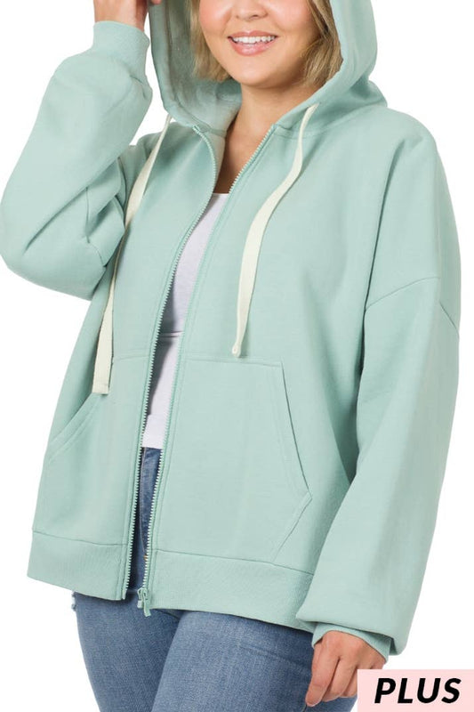 Plus Size Light Green Zipper Hoodie Jacket
