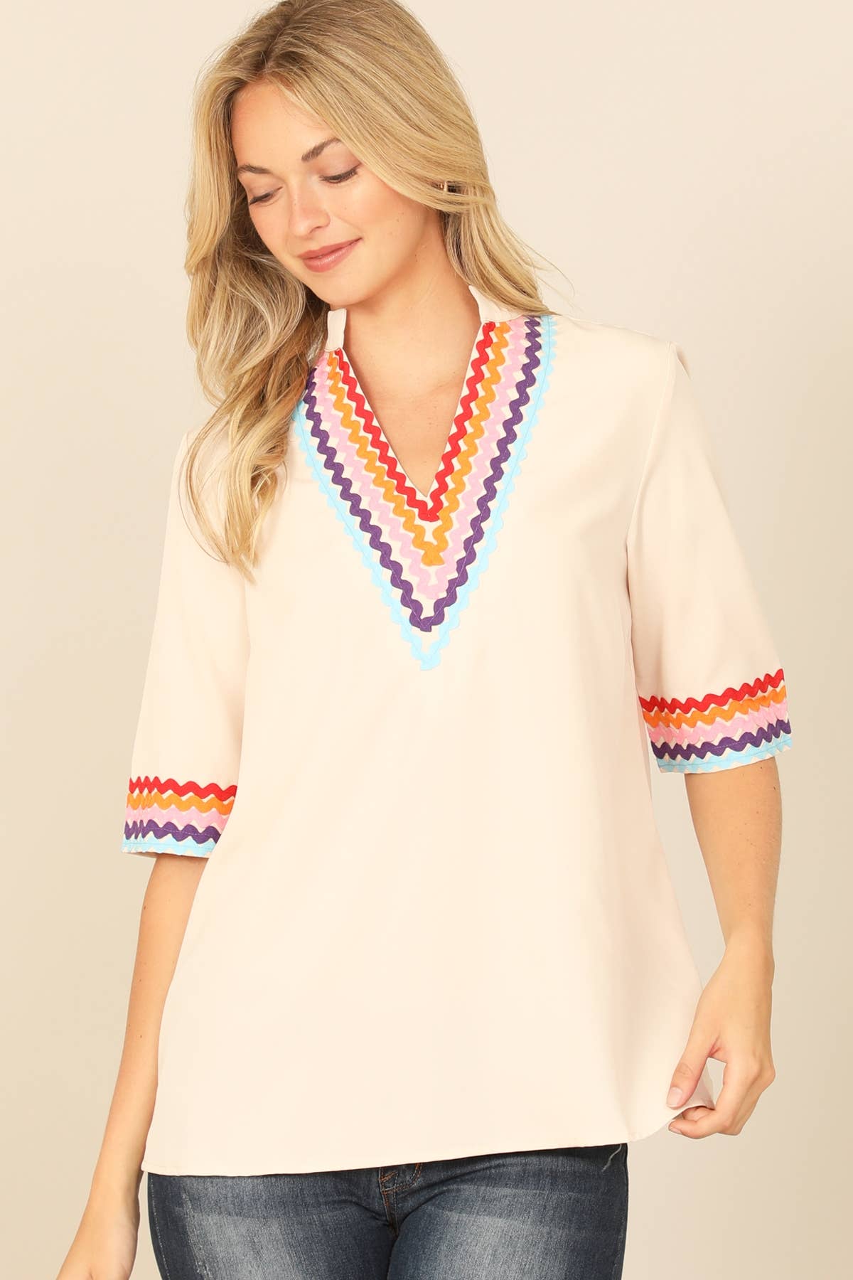 V-Neck Mandarin Collar Wave Half Sleeve Top