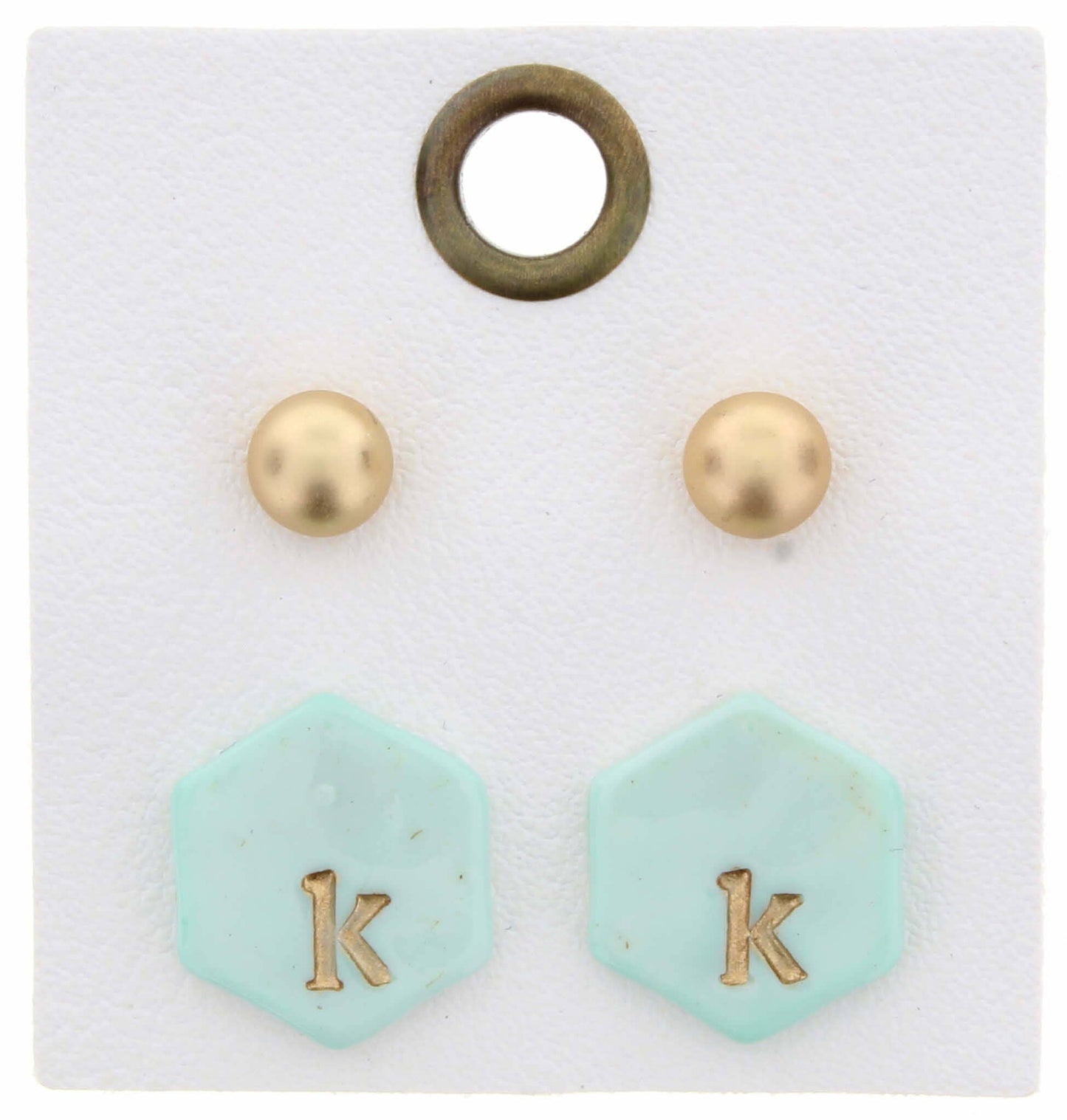 Gold Studs & Mint Stamped Initial "K" Hexagon Earring