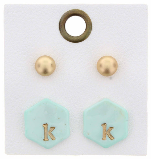 Gold Studs & Mint Stamped Initial "K" Hexagon Earring