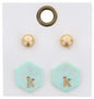 Gold Studs & Mint Stamped Initial "K" Hexagon Earring
