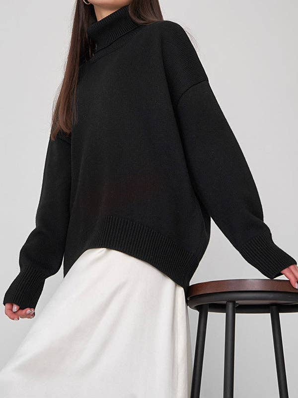Long Sleeves Loose Solid Color High Neck Knitwear Sweater
