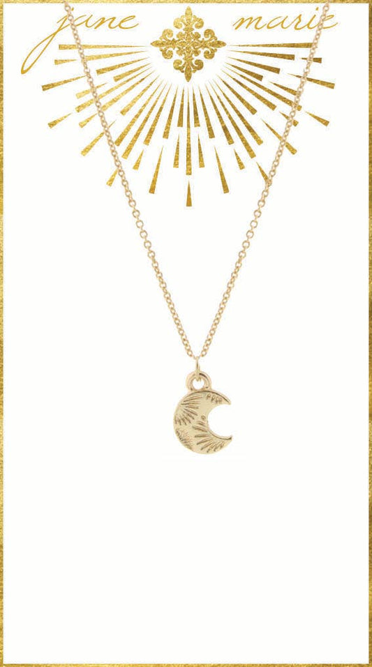 16" Gold Moon with Rays on Gold Chain Necklace, 3" Ext.