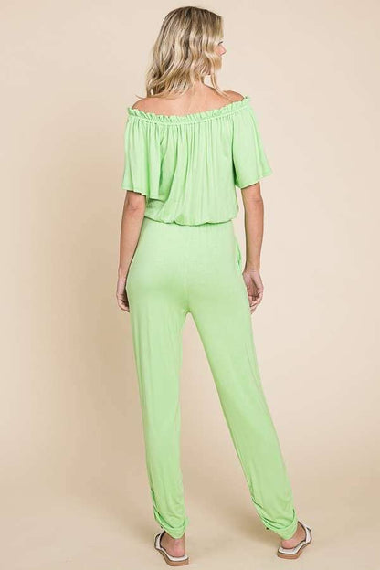 Off Shoulder Peasant Jumpsuit: XL, DESERT