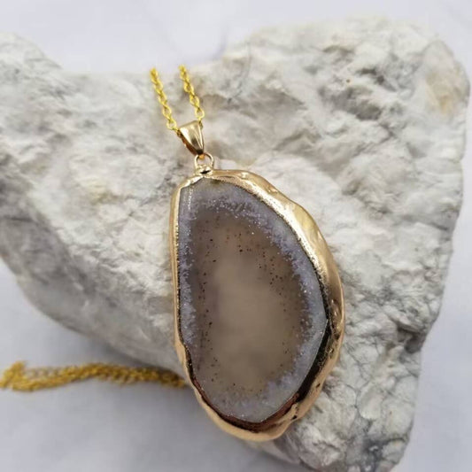 Natural Stone Gold Tone Grey Agate Necklace