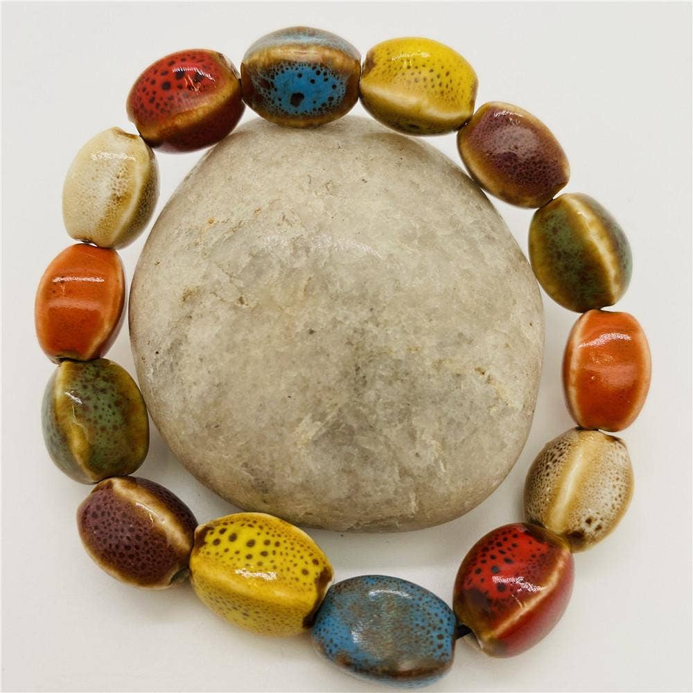 Colored Glazed Ceramic Elastic Bracelets: (Painted Pottery) Small Square