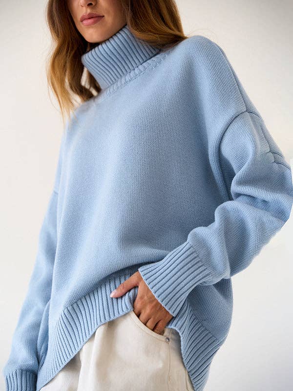 Long Sleeves Loose Solid Color High Neck Knitwear Sweater