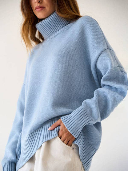 Long Sleeves Loose Solid Color High Neck Knitwear Sweater