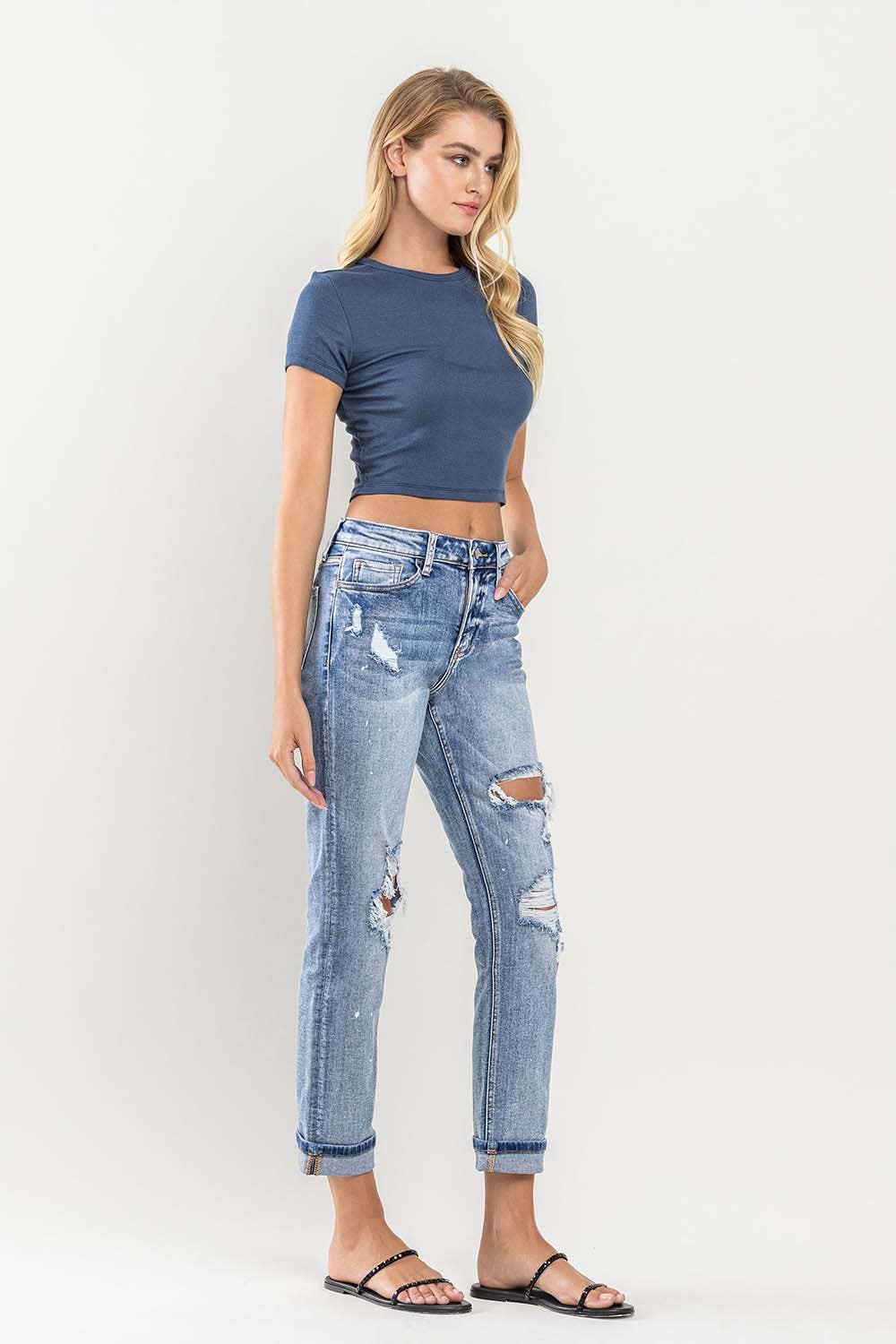 HIGH RISE PAINT SPLATTER CUFFED BOYFRIEND JEANS V2787