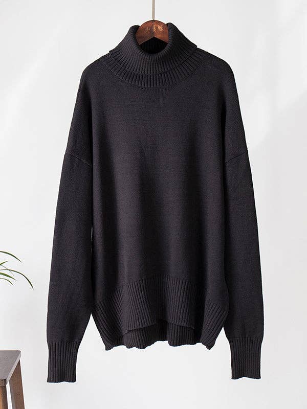 Long Sleeves Loose Solid Color High Neck Knitwear Sweater
