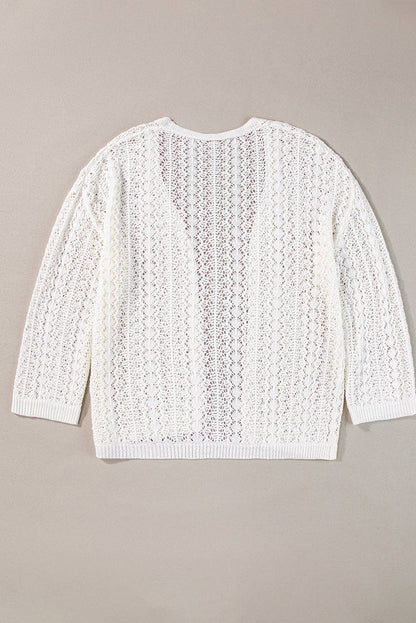 White Hollow Knit Drop Shoulder Cardigan