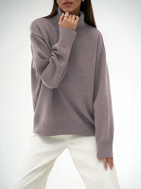 Long Sleeves Loose Solid Color High Neck Knitwear Sweater