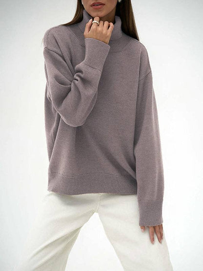 Long Sleeves Loose Solid Color High Neck Knitwear Sweater
