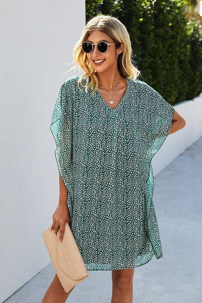 V Neck Loose Fit Print Short Dress