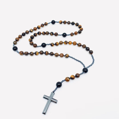Tiger's Eye Stone Black Agate Beaded Cross Pendant Necklace