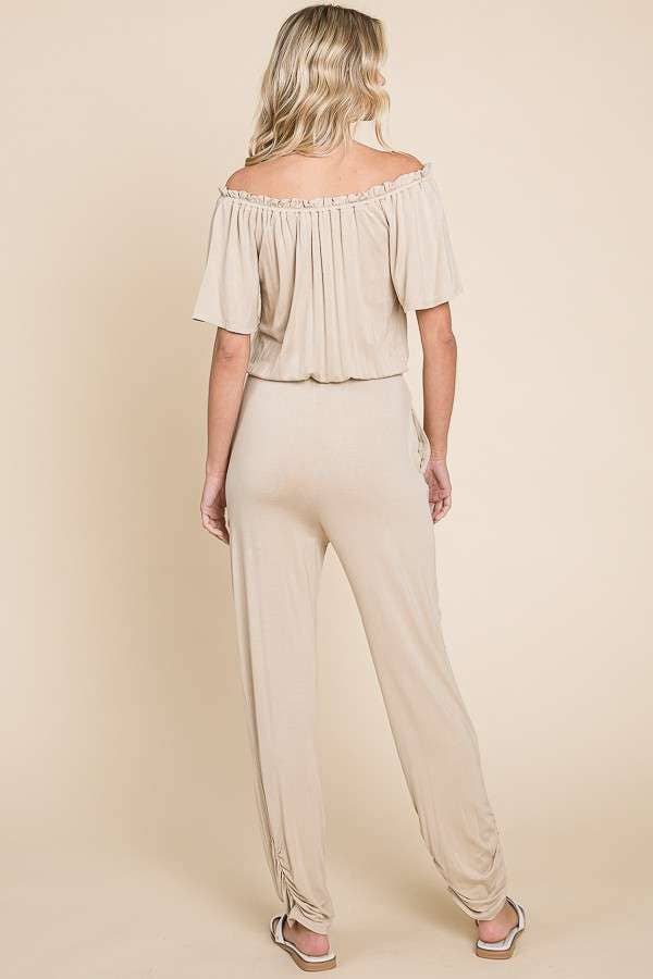 Off Shoulder Peasant Jumpsuit: XL, DESERT