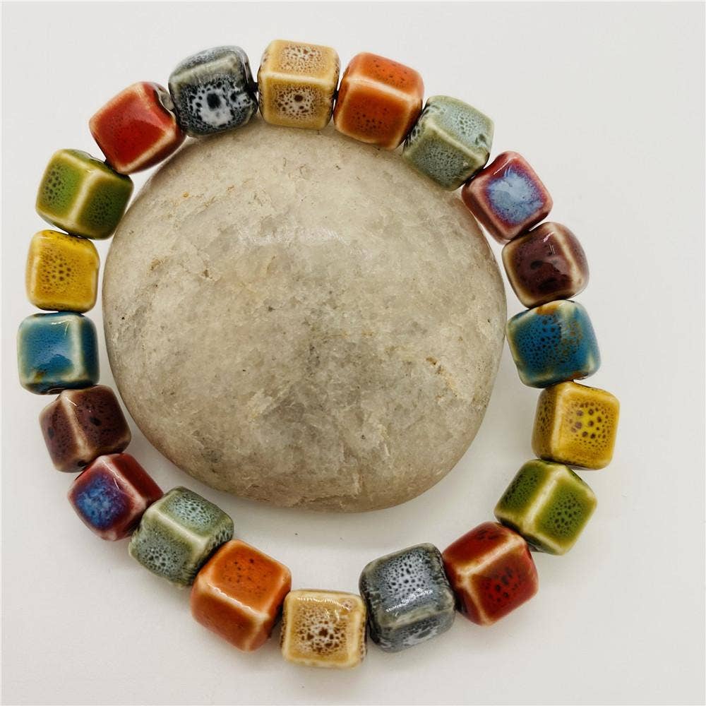 Colored Glazed Ceramic Elastic Bracelets: (Painted Pottery) Small Square