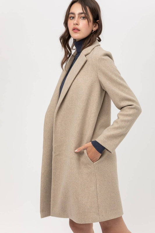 Jacquard fleece long coat w/ side-pockets