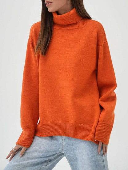 Long Sleeves Loose Solid Color High Neck Knitwear Sweater