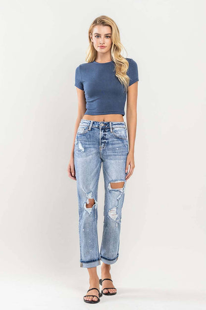 HIGH RISE PAINT SPLATTER CUFFED BOYFRIEND JEANS V2787