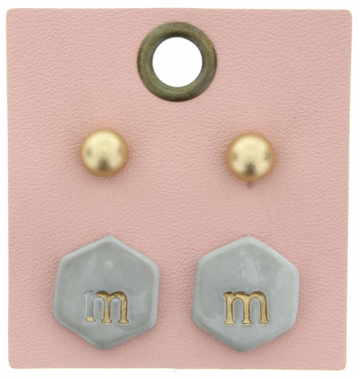 Gold Studs & Grey Stamped Initial "M" Hexagon Earring