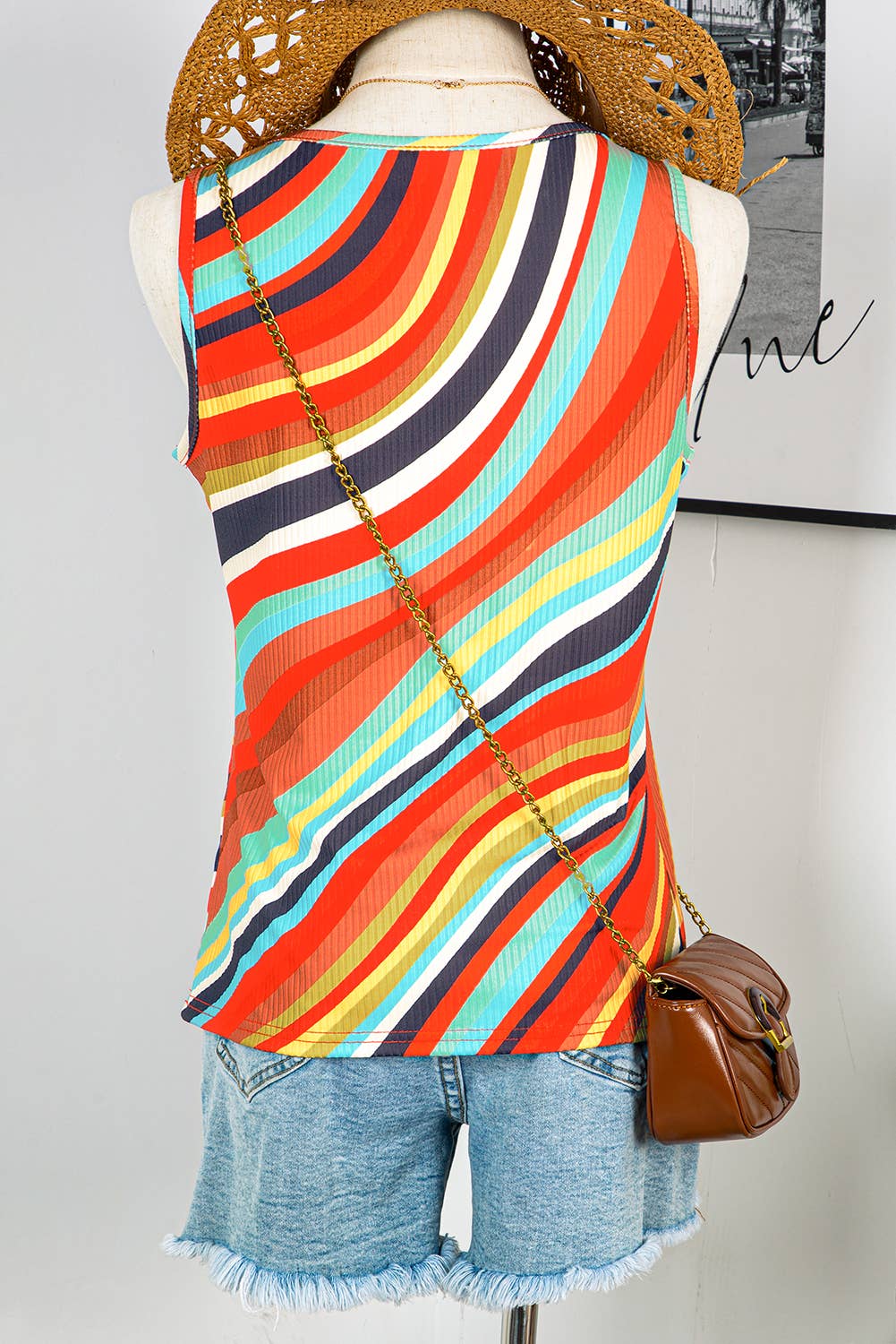 Striped Buttons V Neck Tank Top*S-XL